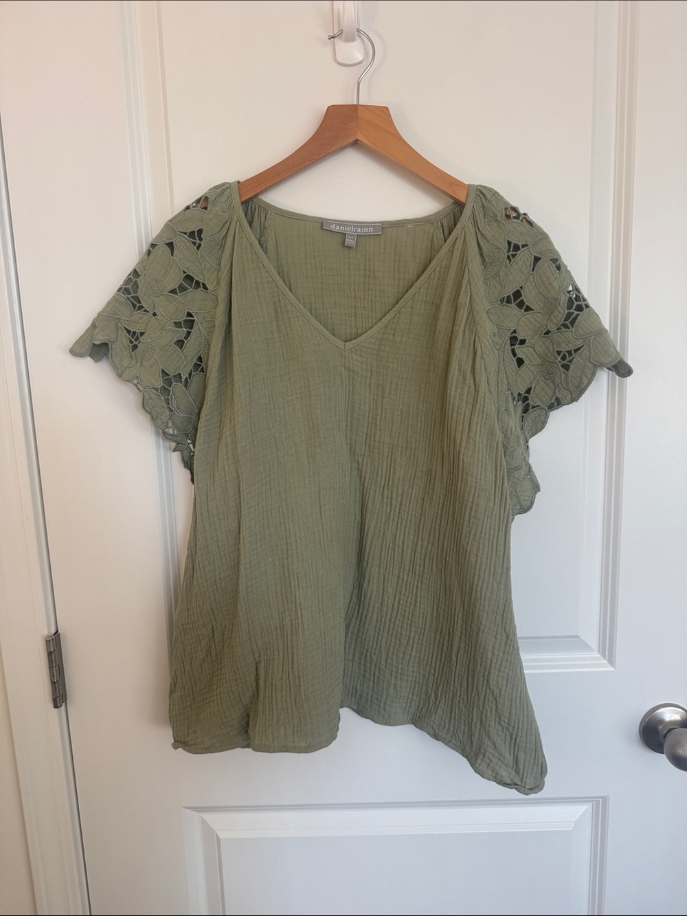 Daniel Rainn Olive Lace-Sleeve V-Neck Blouse